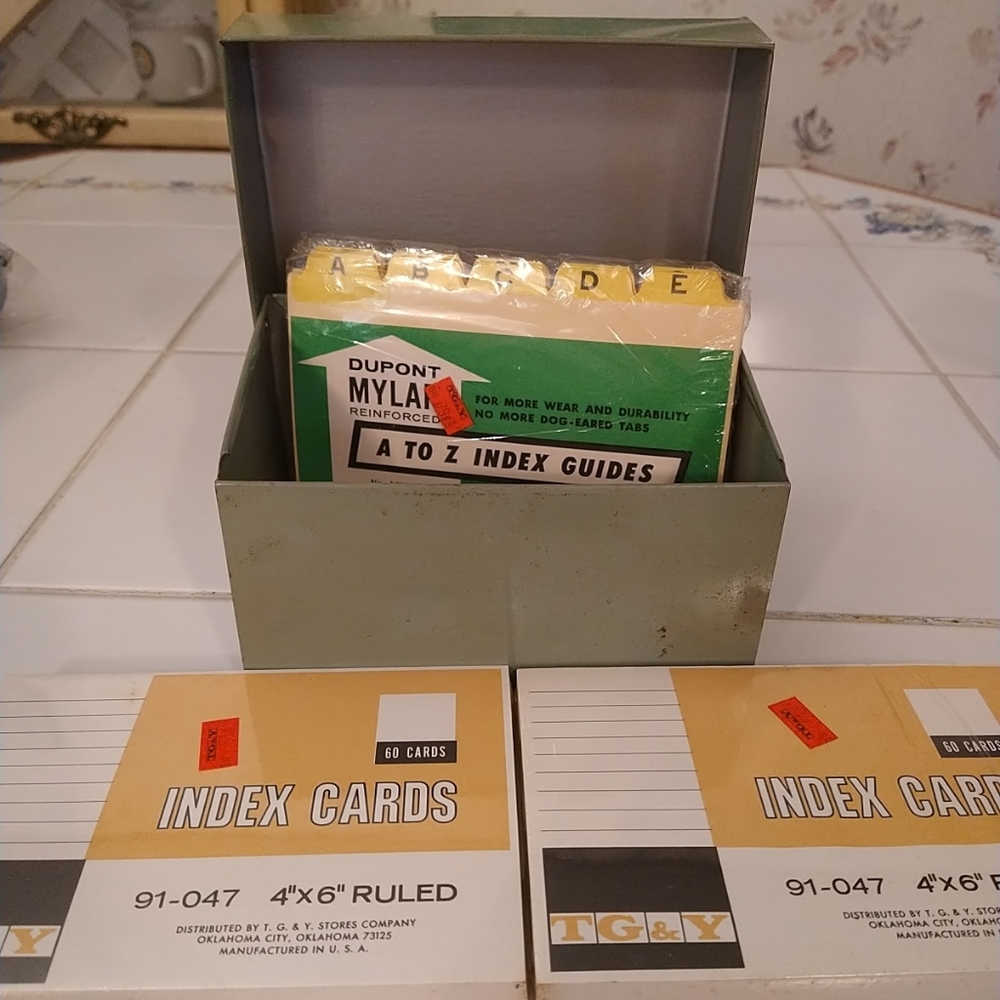 Metal Recipe Box Card Holder Vintage Index Cards TG&Y Dupont Mylar Index Guides.